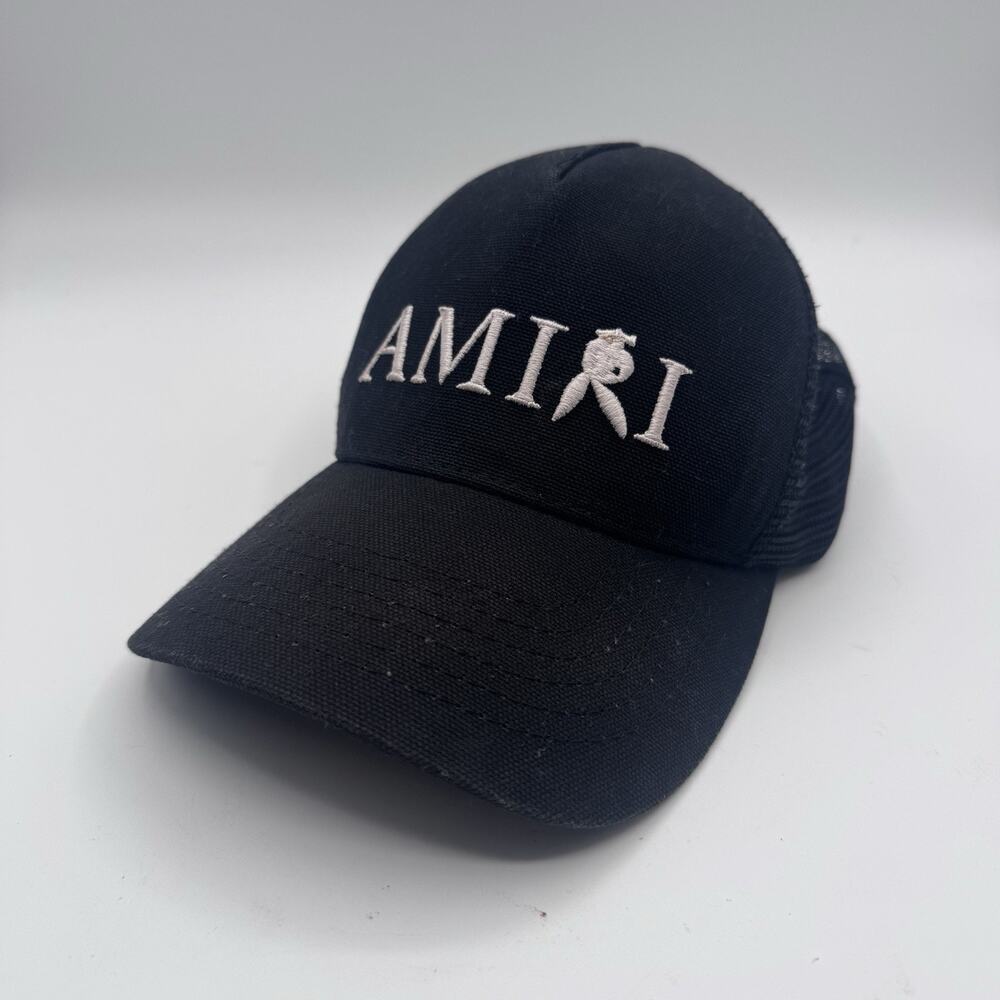 AMIRI Reverse Playboy Trucker Hat Black Mesh Snapback Bunny Logo Made in USA